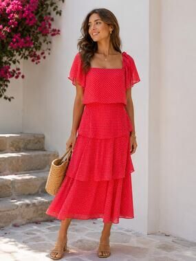 VTG 70s Polka Dot Tiered Midi Dress Size M 8-10 USA Union Made Summer
